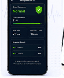Physician reviewing AI murmur severity and confidence score