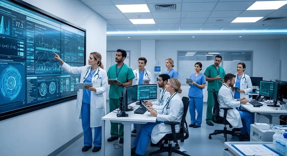 A smiling clinician using a tablet in a modern medical facility.